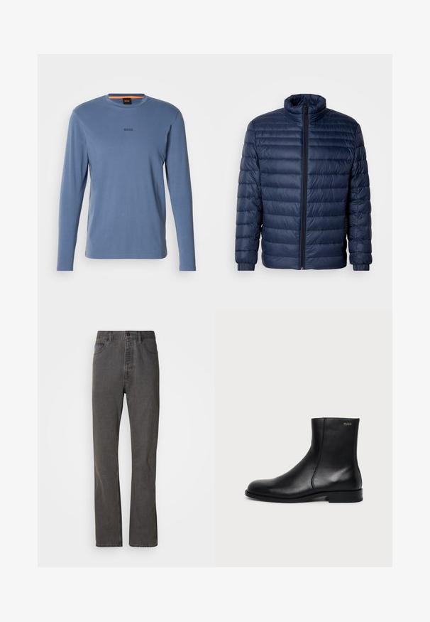 Chaqueta acolchada en azul marino con cuello alzado, cierre frontal completo y puños elásticos, exhibida sobre un fondo claro y sencillo.; Camiseta de manga larga azul hecha de tela suave, con un escote redondo y el logo "BOSS" en gris oscuro en el pecho.; Vaqueros de mezclilla gris con un diseño de pierna recta, que cuentan con bolsillos frontales, un cierre de botón y una textura sutil.; Botín negro de cuero con tacón bajo, costura lateral y pequeño logo "HUGO" en el puño superior sobre un fondo liso.