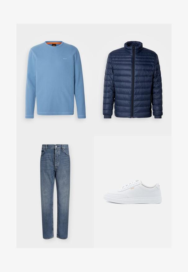 Veste matelassée en duvet bleu marine avec col montant, fermeture éclair avant intégrale et poignets élastiques, présentée sur un fond clair uni.; Chemise à manches longues bleu clair avec une texture côtelée. Elle présente un col rond et un petit logo "BOSS" brodé sur la poitrine.; Jean droit en denim bleu avec taille haute, fermeture à boutons sur le devant et design à cinq poches sur un fond clair uni.; Baskets blanches en cuir avec une texture lisse, bout rond et coutures tonales. Possède des lacets bleus et un logo doré sur le côté.
