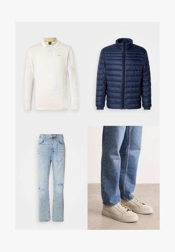 Marineblaue gesteppte Steppjacke mit Stehkragen, vollflächigem Reißverschluss und elastischen Bündchen, vor einem schlichten hellen Hintergrund präsentiert.; Langärmliges Poloshirt in hellem Creme, aus weichem Baumwollmaterial. Verfügt über einen weißen Kragen, eine Zwei-Knopf-Leiste und ein dezentes Markenlogo auf der Brust.; Hellblaue Jeans mit legerer Passform, featuring distressed Stellen und fransigen Kanten. Der Stoff hat eine weiche, glatte Textur.; BOSS GARYTENN_SDHDEL - Sneaker low - natural ten