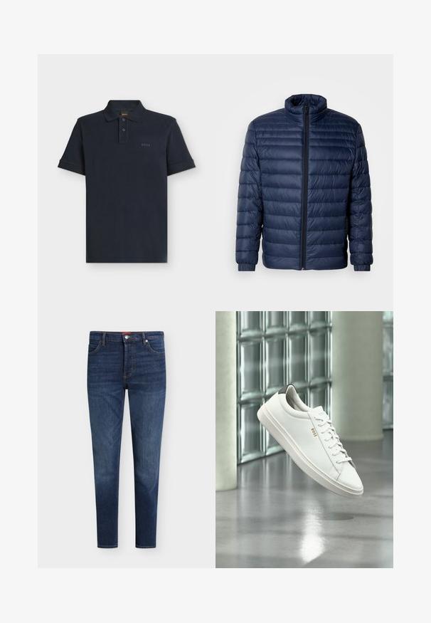 Veste matelassée en duvet bleu marine avec col montant, fermeture éclair avant intégrale et poignets élastiques, présentée sur un fond clair uni.; Polo bleu marine à manches courtes avec patte de boutonnage deux boutons et logo discret "BOSS" sur la poitrine gauche.; Jean slim bleu foncé avec poches avant, passants de ceinture, fermeture par bouton et légère décoloration sur les cuisses et les genoux.; Baskets basses en cuir blanc avec lacets, languette de talon noire et logo « BOSS », flottant à l'intérieur près d'un mur en blocs de verre et d'un sol poli.