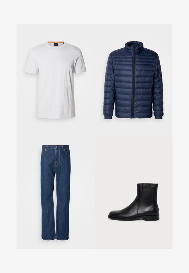 Marineblaue gesteppte Steppjacke mit Stehkragen, vollflächigem Reißverschluss und elastischen Bündchen, vor einem schlichten hellen Hintergrund präsentiert.; Weißes T-Shirt mit kurzen Ärmeln aus weicher Baumwolle, mit einem runden Ausschnitt und dezenter Logodetail in passendem Weiß auf der Vorderseite.; Blaue Jeans aus Denim mit geradem Bein, ausgestattet mit einem Knopfverschluss, fünf Taschen und kontrastierenden Nähten entlang der Säume.; Schwarzer Leder-Knöchelstiefel mit niedrigem Absatz, seitlicher Naht und kleinem "HUGO" Logo am oberen Schaft vor einfarbigem Hintergrund.