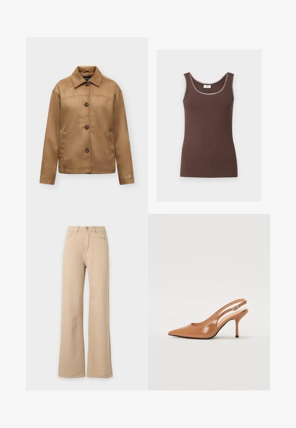 Veste en daim marron avec boutons, col et deux poches latérales, présentée sur un fond uni gris clair.; Débardeur marron côtelé sans manches avec encolure dégagée et bordure claire sur les bords, présenté à plat sur fond blanc.; Pantalon beige taille haute, jambes larges, fermeture à boutons devant, poches avant et arrière, présenté sur fond blanc.; Escarpin à talon slingback à bout pointu en matériau beige lisse et brillant. Présente un design de découpes courbées et un talon aiguille fin. Détail de boucle en argent.