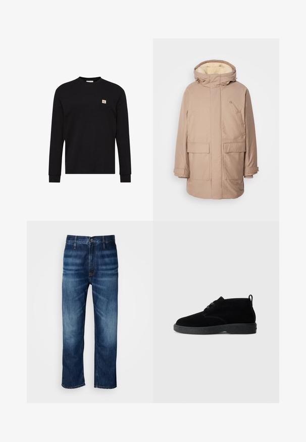 Parka aislante beige con capucha, que presenta un interior suave de color claro, dos bolsillos frontales y un logo en el pecho.; Jersey negro de manga larga con cuello redondo y pequeño parche del logo CK beige y rojo en el pecho izquierdo.; Jeans de mezclilla rectos de color azul oscuro con un leve desvanecimiento en los muslos y un cierre de botón en la cintura, exhibidos sobre un fondo blanco.; Botas de tobillo de ante negro con punta redondeada, diseño de cordones, suela de goma negra y una lengüeta en la parte trasera para facilitar su uso.