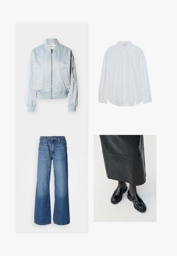 Veste bomber bleu clair avec fermeture éclair avant, col, poignets et ceinture côtelés, deux poches avant et une poche zippée sur la manche gauche.; Chemise blanche à manches longues avec boutons, en tissu lisse, dotée d'un col classique, de deux poches avant et de poignets froncés.; Jean large bleu clair en denim. Présente une taille haute, des coutures visibles et une ceinture à nouer. Texture décolorée vers le bas.; Mocassins en cuir noir avec une finition lisse, ornés d'une bande décorative, à bout rond et avec une semelle texturée. Portés avec une longue jupe en cuir noir.