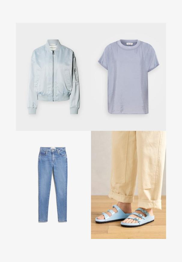 Hellblaue Bomberjacke mit vorderem Reißverschluss, geripptem Kragen, Bündchen, Bund, zwei Vordertaschen und Reißverschlusstasche am linken Ärmel.; Hellblaues T-Shirt mit kurzen Ärmeln aus einem glatten, leicht glänzenden Stoff. Mit Rundhalsausschnitt und einer entspannten, boxy Passform. Minimalistisches Design.; Hellblaue Denim-Jeans mit schlankem Schnitt, ausgestattet mit Fronttaschen, einem Knopfverschluss und einer subtilen, ausgewaschenen Textur.; Helle blaue Flip-Flops mit drei verstellbaren Riemen und silbernen Schnallen; strukturierte Sohle und glattes Obermaterial. Tragen mit hochgerollten beigen Hosen.