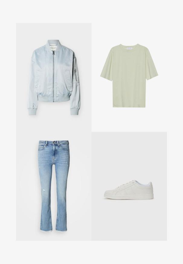 Cazadora bomber azul claro con cremallera frontal, cuello, puños y cinturilla acanalados, dos bolsillos delanteros y un bolsillo con cremallera en la manga izquierda.; Camiseta verde claro de manga corta hecha de una tela suave, con cuello redondo y un corte holgado, etiquetada como "ANNA FIELD."; Jeans acampanados de mezclilla azul claro con detalles desgastados, cinco bolsillos, cierre de botón y dobladillo deshilachado en los tobillos.; Zapatillas blancas con upper de cuero liso, punta redonda, suela plana y detalles sutiles en los paneles laterales. Diseño con cordones y un interior suave.