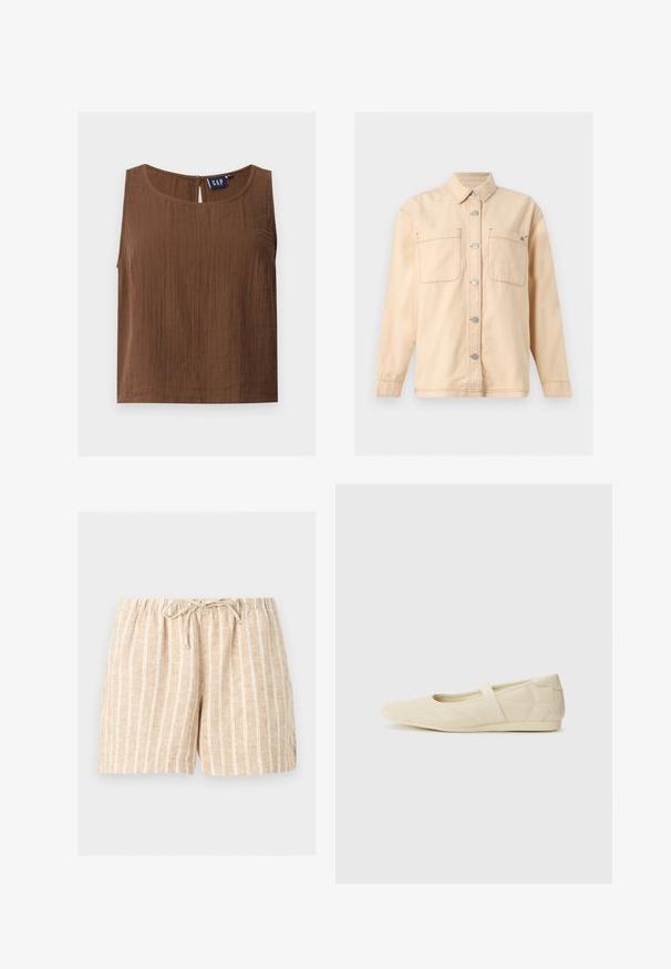 Veste-chemise beige à manches longues avec col, boutons-pression à l’avant, deux poches poitrine et coutures visibles.; Haut marron sans manches en tissu texturé, col rond et petite fermeture par bouton dans le dos, étiquette de marque GAP à l'intérieur.; Shorts en lin beige à rayures verticales blanches, taille élastique et lien à nouer à l'avant sur un fond uni clair.; Ballerines beiges avec une exterior en cuir lisse, un bout en forme d'amande et une sangle élastique sur le coup de pied, avec des détails de couture subtils.