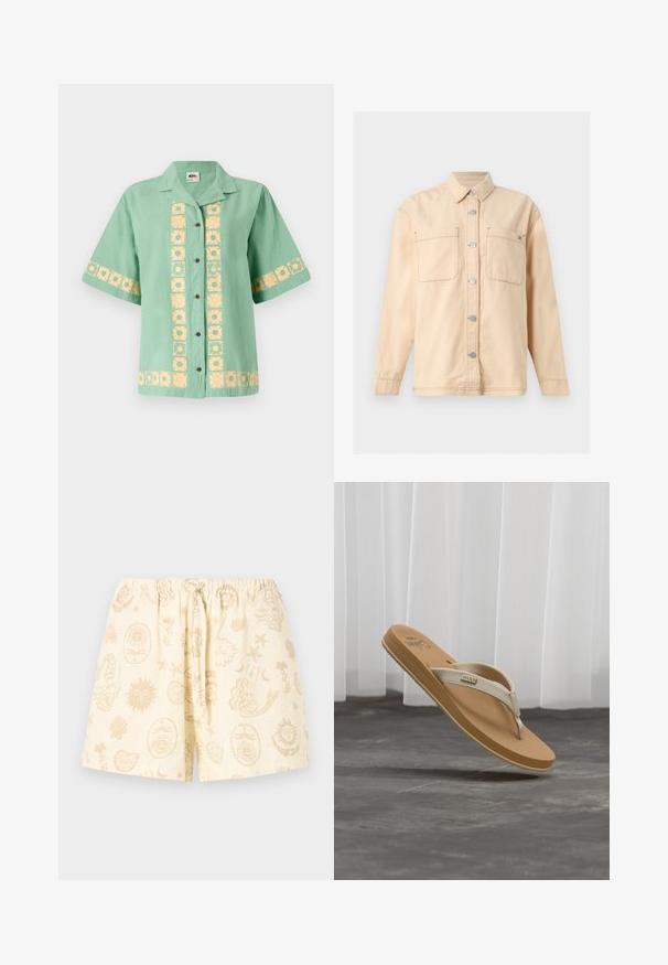Chaqueta camisa beige de manga larga con cuello, botones automáticos en la parte delantera, dos bolsillos en el pecho y detalles de costuras visibles.; Camisa verde de manga corta con cuello, que presenta un patrón floral amarillo en el frente y las mangas. Cierre de botones uniforme. Textura suave.; Pantalones cortos de cintura elástica de color crema con cordón, decorados con patrones abstractos en beige de sol, luna, concha y sirena.; Chancla de dedos color beige y tostado con suela texturizada y correas de tela, colocada sobre un suelo gris y un fondo de cortina blanca.