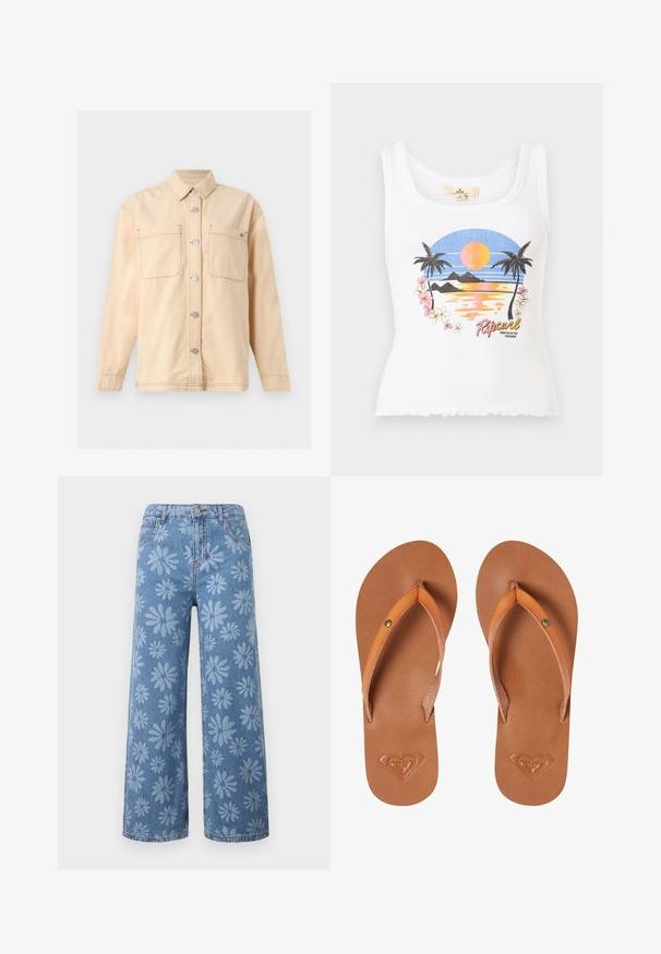 Beige langærmet skjortejakke med krave, knapper foran, to brystlommer og synlige syningsdetaljer.; Hvid ribbet tanktop med solnedgang ved stranden, palmer, blomster og "Ripcurl"-logo tekst på fronten.; Blå vidde-ben denimjeans med lyst blåt tusindfryd-mønster, forlommer, bæltestropper og knaplukning.; Brune syntetiske klipklapper med orange stropper, tekstureret overflade og præget hjerte-logo detalje på sålen.