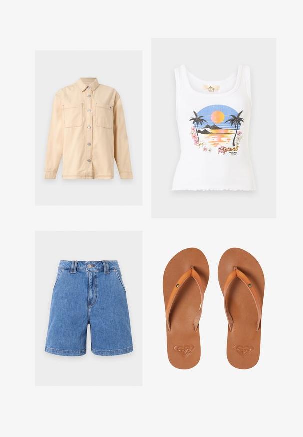 Beige langærmet skjortejakke med krave, knapper foran, to brystlommer og synlige syningsdetaljer.; Hvid ribbet tanktop med solnedgang ved stranden, palmer, blomster og "Ripcurl"-logo tekst på fronten.; Blå denimshorts med knap og lynlås foran, bæltestropper, forlommer og lige kant mod en ensfarvet lys baggrund.; Brune syntetiske klipklapper med orange stropper, tekstureret overflade og præget hjerte-logo detalje på sålen.