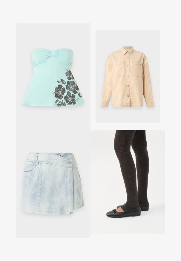 Beige long-sleeve shirt jacket with a collar, front snap buttons, two chest pockets, and visible stitching details.; Strapless light blue top with ruched center and black hibiscus flower print on lower right side, flared hem.; Light blue denim wrap skirt with front button closure, belt loops, and side pockets, displayed on a plain background.; Legs wearing dark ribbed leggings paired with black ballet flats featuring small bow details on a white background.