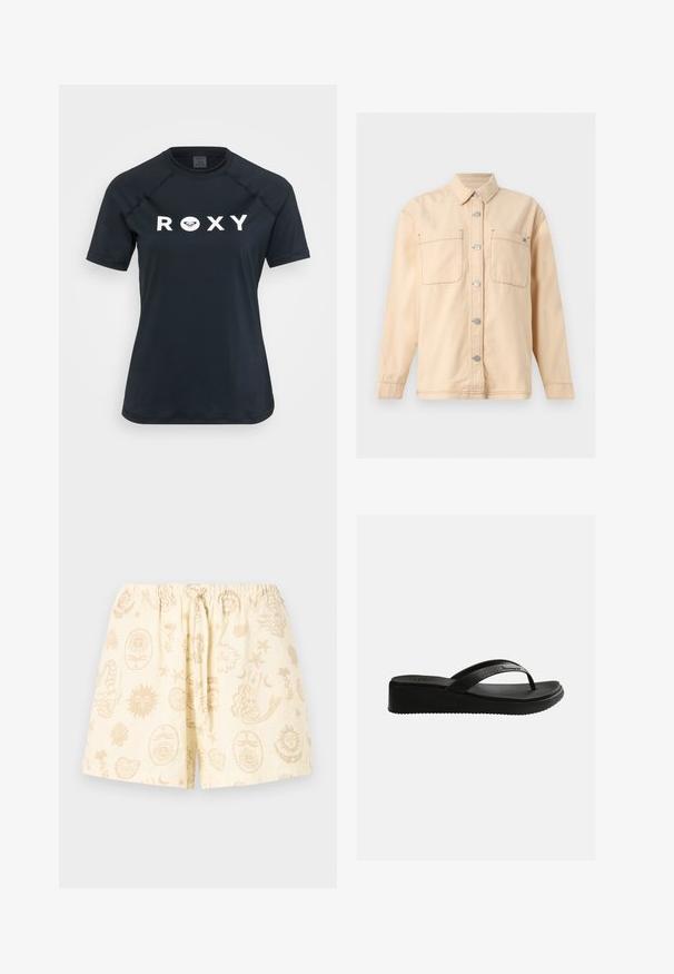 Beige langærmet skjortejakke med krave, knapper foran, to brystlommer og synlige syningsdetaljer.; Sort kortærmet rash guard lavet af strækbart materiale, med et hvidt "ROXY" logo på forsiden og en rund halsudskæring.; Kremfarvede elastiske shorts med talje og snøre, dekoreret med beige abstrakte mønstre af sol, måne, muslingeskal og havfrue.; Sort kileformet flip-flop sandal med tekstureret fodseng og tynde stropper med diskret branding på en ensfarvet hvid baggrund.
