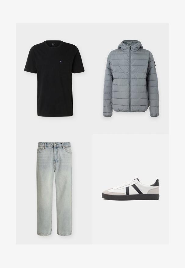 Grå polstret jakke med lynlås foran, hætte og sydd horisontale linjer. Designet til varme med elastiske manchetter og minimal branding.; Sort T-shirt med korte ærmer og rund hals med brystlomme, der har et lille blå-hvidt GAP-logo.; Lyseblå denimjeans med en afslappet pasform, lige ben og en let falmet finish. Har fem lommer og syningsdetaljer.; Hvide sneakers med sorte og grå detaljer, med en tekstureret grå tåhætte, sort gummisål og flade hvide snørebånd. Rent design, minimalistisk stil.