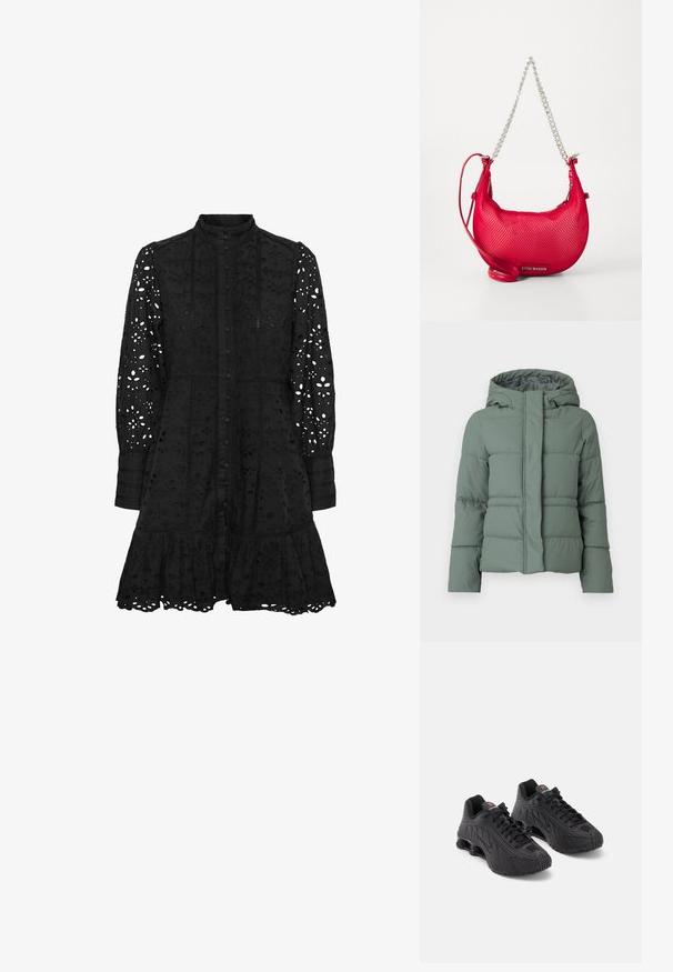 Grøn puffjakke med hætte, med et quiltet design, lynlås foran og glat overflade. Egnet til koldt vejr.; Sort broderet kjole med høj krave, knaplukning foran, lange ærmer og flæse forneden. Har udsnit med blomster- og geometriske mønstre.; Sorte atletiske sko med en glat syntetisk overdel, teksturerede detaljer, snørebåndsdesign og synlig fjederaffjedring ved hælen.; Rød mesh håndtaske med en buet form, sølvkædeldetaljer og en justerbar skulderrem. Har et brandingmærke på forsiden.