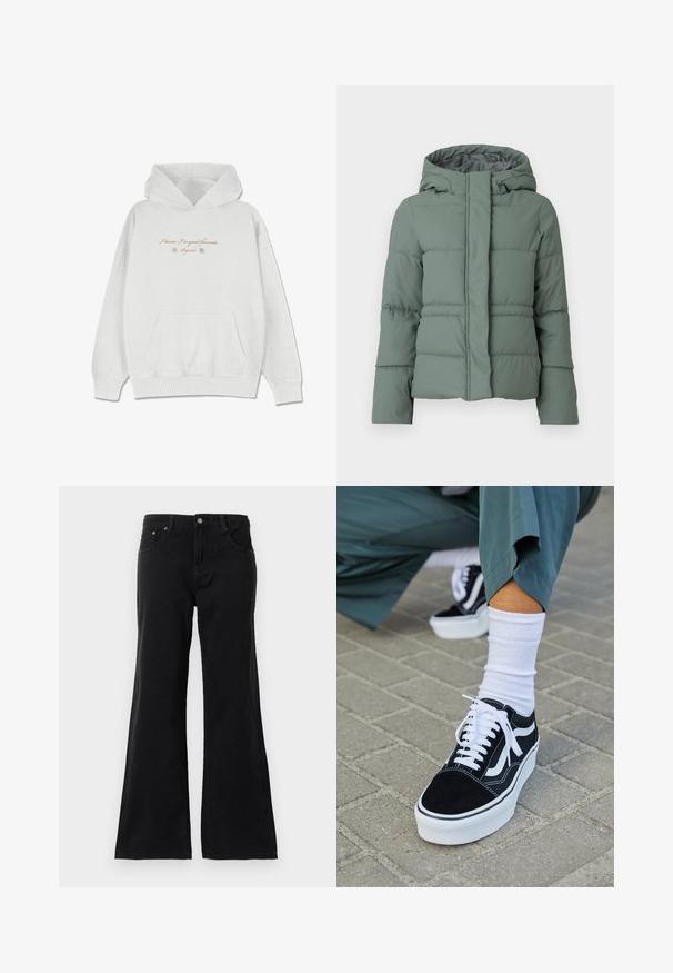 Veste matelassée verte avec capuche, présentant un design matelassé, une fermeture éclair à l'avant et une texture lisse. Convient pour les temps froids.; Hoodie gris clair en tissu doux avec une poche avant. Présente du texte en cursive et des accents floraux au niveau de la poitrine.; Jean en denim noir taille haute avec cinq poches et jambes évasées, affiché sur un fond blanc.; Baskets en suède noir avec des accents et des lacets blancs, présentant une épaisse semelle blanche et des coutures contrastantes, associées à une chaussette blanche.