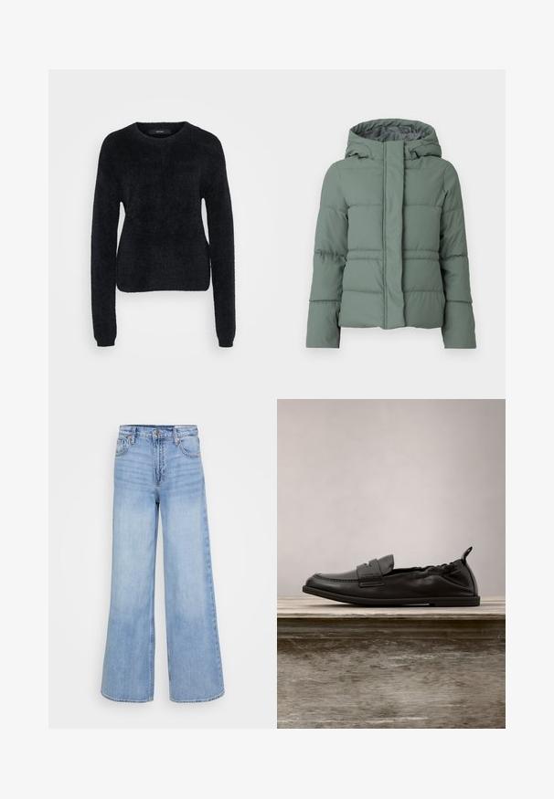 Chaqueta acolchada verde con capucha, con un diseño acolchado, cierre frontal con cremallera y textura suave. Adecuada para el clima frío.; Suéter negro hecho de un tejido esponjoso, con mangas largas, un escote redondo y un dobladillo ligeramente corto con una superficie texturizada.; Jeans de pierna ancha de denim en azul claro, con una cintura alta, bolsillos frontales y un cierre de botón con acentos de hardware en cobre.; Mocasines de cuero negro con textura lisa, con un detalle de correa elevada, sobre una superficie de madera, rodeados de vegetación.