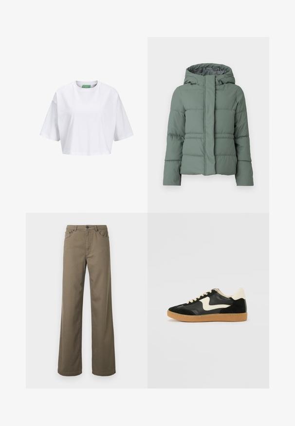 Grüne Puffy-Jacke mit Kapuze, die über ein gesteppte Design, einen Reißverschluss vorne und eine glatte Textur verfügt. Geeignet für kaltes Wetter.; Weißes, kurzärmliges Crop-Top aus Baumwolle mit Rundhalsausschnitt. Grünes Etikett innen mit sichtbar Markenname.; Weite Hosen aus olivgrünem Baumwollstoff mit Knopfverschluss, Gürtelschlaufen und Fünf-Taschen-Design sowie einer glatten, strapazierfähigen Textur.; Schwarze Wildleder- und Leder-Sneaker mit einem cremefarbenen Seiten-Swoosh und einer hellcremefarbenen Ferse. Ausgestattet mit beige Schnürsenkeln und einer Gummilaufsohle.