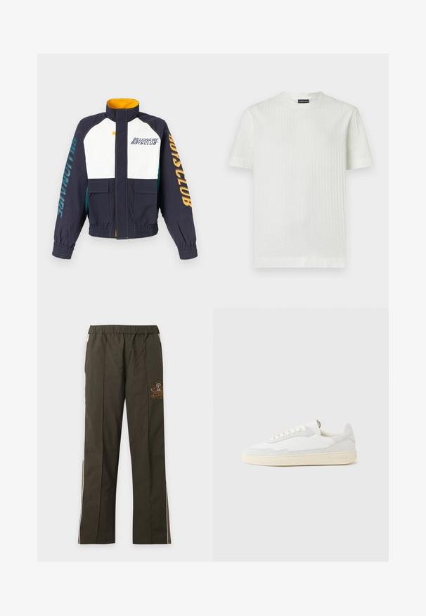 Μπλε-σκούρο και λευκό μπουφάν με κίτρινες λεπτομέρειες, εμπρόσθιες τσέπες, κείμενο «Billionaire Boys Club» στο στήθος και στα μανίκια, ελαστικές μανσέτες και ζώνη μέσης.; Λευκό T-shirt από υφασμάτινη ύφανση με μοτίβο πλέγματος, με στρογγυλή λαιμόκοψη και κοντά μανίκια.; Παντελόνι σκούρο πράσινο με ίσια γραμμή, ελαστική μέση, λευκές πλευρικές ρίγες και μικρό κίτρινο λογότυπο στο πάνω αριστερό μηρό.; Λευκό αθλητικό παπούτσι με επάνω μέρος από σουέτ και δέρμα με υφή. Διαθέτει στρογγυλή μύτη, κλείσιμο με κορδόνια και αντίθετη μπεζ καουτσούκ σόλα.