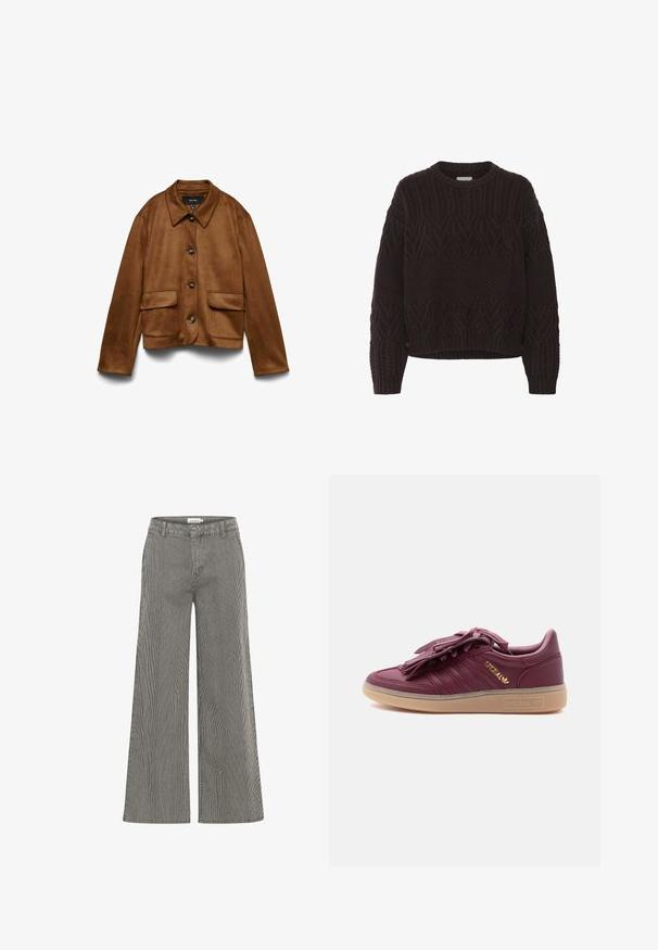 Brun jakke i imiteret ruskind med krave, knaplukning foran og to store klaplommer. Har en glat tekstur og en afslappet pasform.; Mørkebrunt strikket sweater med et tekstureret design, kabelmønstre, rund hals og ribkant ved ærmer og nederste kant. Korte længde.; Sort-hvide stribede vide bukser med høj talje, der har bæltestropper og en glat overflade. Velegnet til både afslappet og formelt brug.; Maroon Adidas Spezial-sneaker med gummisål, gyldt logo på siden og frynset snørelåg på ensartet hvid baggrund.
