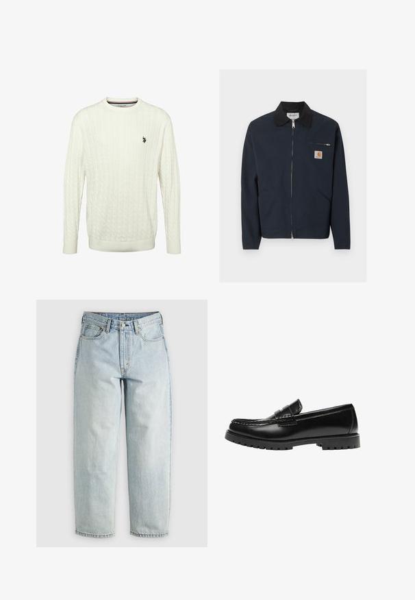 Mørk marineblå lynlåstrøje med sort krave, to skrå forlommer foran og en lille lynlåslomme på brystet med et Carhartt-logo.; Hvid kabelstrikket langærmet sweater med rund hals og lille sort U.S. Polo Assn.-logo på venstre bryst.; Lysblå denimjeans med lige ben, fem lommer og knap-fly lukning; har slidte områder og subtile syninger.; Sort læderloafer med en kraftig gummisål og klassiske penny-strap detaljer, vist fra ydersiden.