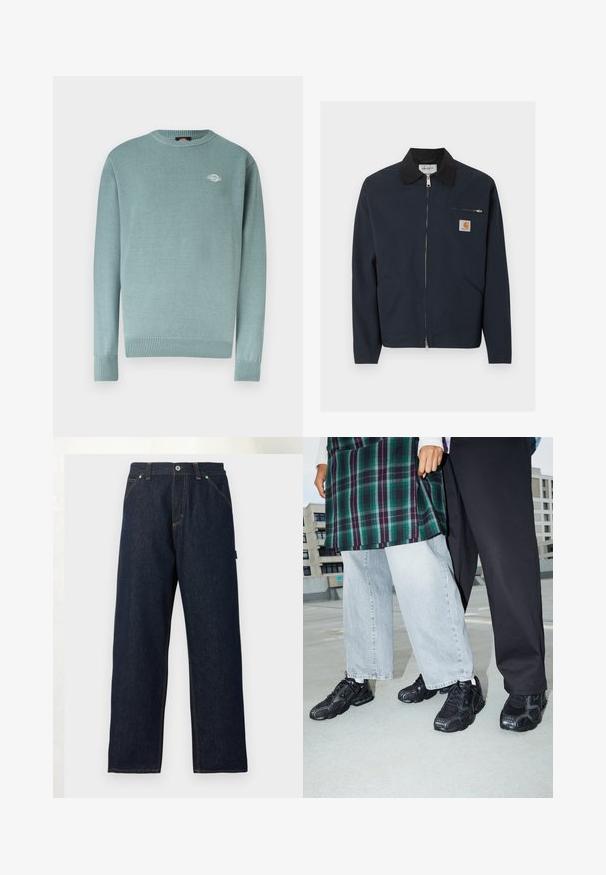 Veste zippée bleu marine foncé avec col noir, deux poches avant en biais et une petite poche poitrine zippée avec un patch logo Carhartt.; Pull à col rond bleu clair avec poignets et ourlet côtelés, arborant un petit logo blanc sur le côté gauche de la poitrine.; Jean en denim bleu foncé à jambes droites avec poches avant, passants pour ceinture et fermeture par bouton à la taille sur un fond uni.; Baskets de sport noires avec des accents en mesh et en caoutchouc. Portées avec un jean large gris clair et un haut à carreaux vert. Fond à surface plane.