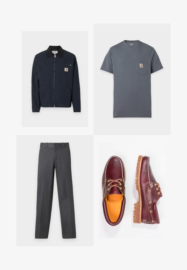 Veste zippée bleu marine foncé avec col noir, deux poches avant en biais et une petite poche poitrine zippée avec un patch logo Carhartt.; T-shirt gris à manches courtes avec une poche avant comportant un petit patch carré du logo Carhartt sur la poitrine.; Pantalon gris en tissu lisse, avec une coupe droite, une fermeture à bouton et des passants de ceinture ; coutures minimales et sans motifs.; Chaussures en cuir bourgogne avec semelles en caoutchouc marron, bout rond, couture blanche et œillets dorés. L'intérieur présente une doublure jaune.