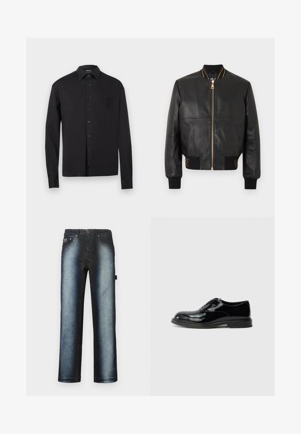 Veste aviateur en cuir noir avec fermeture éclair dorée, col et poignets côtelés, deux poches avant et détails brodés sur la ceinture.; Chemise noire à manches longues avec boutons, col pointu et blason brodé subtil sur le côté gauche de la poitrine, présentée sur un fond blanc.; Jean bleu foncé avec un design ombré, passant d'un noir profond à un bleu plus clair, avec un style classique à cinq poches et une texture lavée claire.; Chaussure Oxford en cuir verni noir à texture lisse, bout rond et lacets fins. Dispose d'un talon empilé et de détails de coutures minimales.