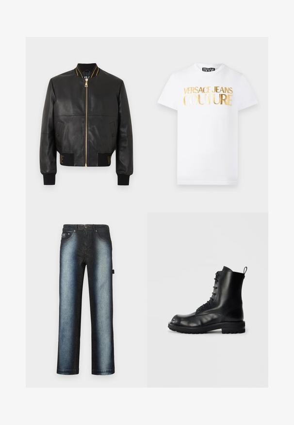 Veste aviateur en cuir noir avec fermeture éclair dorée, col et poignets côtelés, deux poches avant et détails brodés sur la ceinture.; T-shirt blanc à manches courtes avec texte métallisé doré "Versace Jeans Couture" sur le devant et col rond.; Jean bleu foncé avec un design ombré, passant d'un noir profond à un bleu plus clair, avec un style classique à cinq poches et une texture lavée claire.; Botte de combat noire en cuir à lacets avec semelle épaisse et languette à l'arrière, vue de côté sur un fond uni clair.