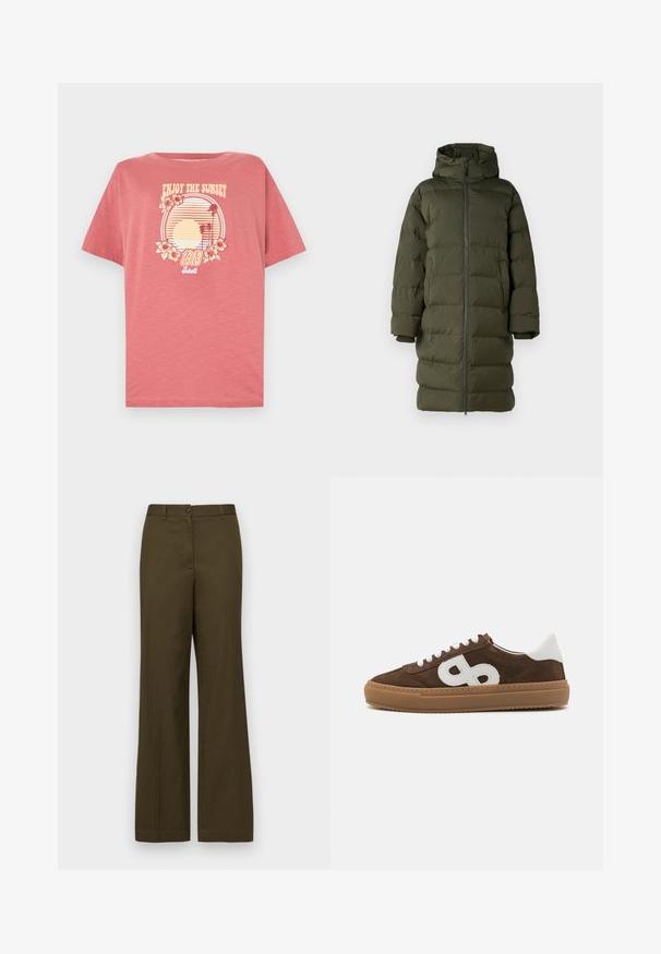 Manteau rembourré vert olive avec une capuche, doté d'un zip frontal intégral, d'un design matelassé et de manches à poignets. Tissu lisse et isolant.; T-shirt en coton rose à manches courtes. Présente un motif de coucher de soleil avec des rayures, des palmiers et des fleurs. Design à col rond.; Pantalons larges en velours olive, fabriqués en tissu en mélange de coton. Comprend une fermeture à bouton à l'avant, des passants de ceinture et deux poches latérales.; Baskets en daim marron avec des accents en cuir blanc, présentant un logo blanc bien visible, un bout rond, un laçage plat et une semelle en caoutchouc gomme.