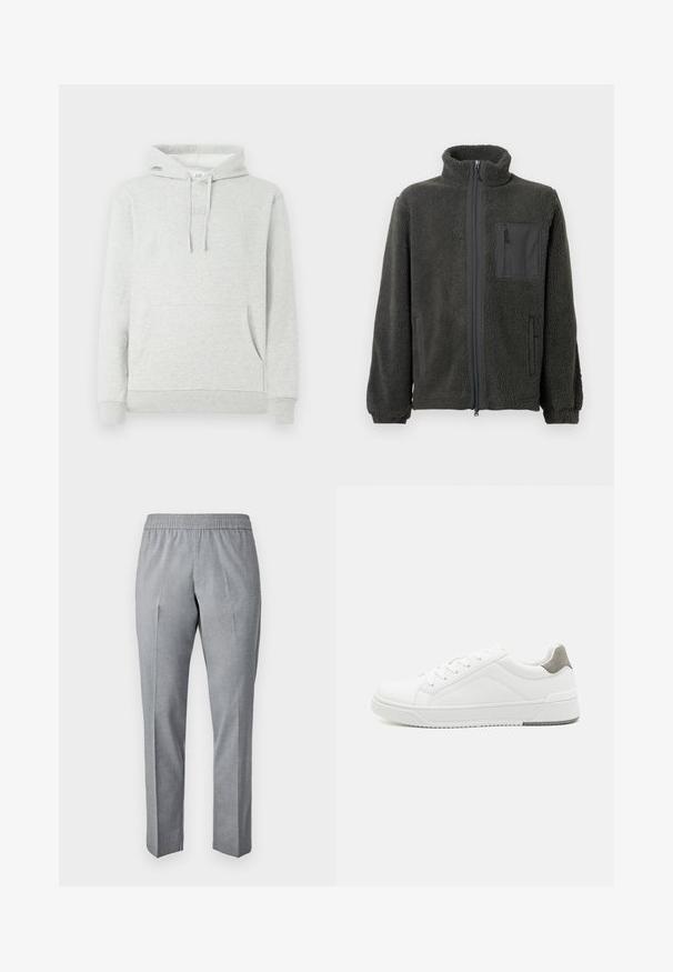 Donkergrijze fleecejas met volledige ritssluiting en staanderjas, ritsvak op de borst, elastische manchetten en twee zijzakken, tegen een effen achtergrond.; Lichtgrijze hoodie met een trekkoordkap, voorzak, ribgebreide manchetten en zoom, met een subtiele logo-embossing op de borst.; Grijze, geweven broek met een elastische tailleband, rechte snit en een plooi aan de voorkant. De stof textuur lijkt glad en lichtgewicht.; Witte sneaker van glad leer met een ronde neus, minimalistisch ontwerp, grijze hielaccent en een geplaatste rubberen zool.