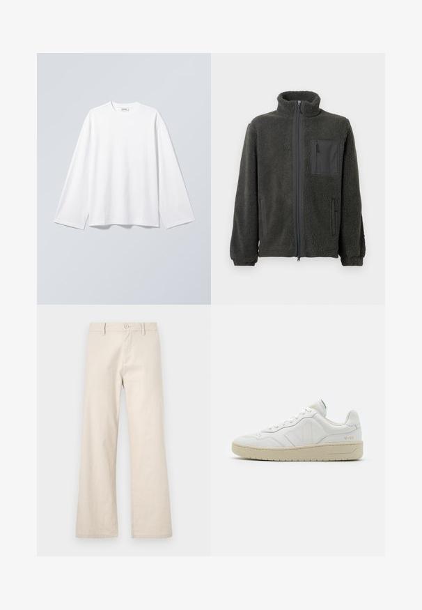 Veste en polaire grise foncée à zip intégral avec col montant, poche poitrine zippée, poignets élastiques et deux poches latérales sur fond uni.; T-shirt blanc uni à manches longues avec col rond et coupe décontractée, suspendu sur un fond gris clair.; Pantalons larges beiges en tissu léger, dotés d'une fermeture à bouton et de poches avant, avec une finition lisse et sans texture.; Baskets en cuir blanc avec une finition texturée et un col rembourré. Elles sont dotées d'une semelle en caoutchouc beige et d'une discrète branding sur le talon et le côté.