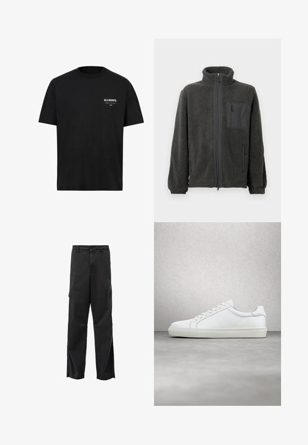 Mørkegrå fleecejakke med fuld lynlås, ståkrave, lynlåslomme på brystet, elastiske ærmer og to sidelommer mod en ensfarvet baggrund.; Sort bomulds t-shirt med korte ærmer og rund hals. Har hvid tekst "ALLSAINTS" og "LONDON" på venstre brystområde.; Sorte cargo bukser med lige skæring, knaplukning og sidelommer. Glat stof med mat finish og uden synlige mønstre.; Hvide sneakers med en glat læderoverdel og lav profil. Har en rund tå, seks snørehuller og en tekstureret gummisål.