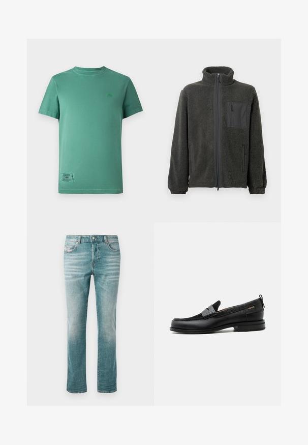 Mørkegrå fleecejakke med fuld lynlås, ståkrave, lynlåslomme på brystet, elastiske ærmer og to sidelommer mod en ensfarvet baggrund.; Grøn bomulds T-shirt med korte ærmer, rund halsudskæring og et Lacoste-logo på brystet. Får en label i nederste venstre hjørne.; Lyseblå denimjeans med lige pasform, fem lommer, subtilt slid og en klassisk knaplukning i taljen.; Sort læderloafer med grå remdetalje, lav hæl og tekstureret sål, mærket med "HUGO" i guld på siden.