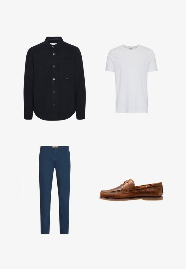 Zwart katoen shirt met lange mouwen, knoopsluiting aan de voorkant, een puntige kraag en een borstzak. Zachte textuur en afgeronde zoom.; Effen wit T-shirt met korte mouwen en een ronde hals, getoond op een witte achtergrond, met een klein neklabel waarop het merk “Solid” staat.; Marineblauwe slim-fit herenbroek met riemlussen, sluiting met knoop aan de voorkant en zijzakken, tentoongesteld tegen een witte achtergrond.; Brown leren botenschoen met gestikte accenten, voorzien van metalen oogjes, een verhoogde naad op de neus en een platte rubberen zool.