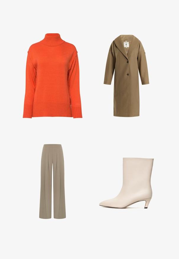 Lang kamelbrun uldfrakke med bred krave, lange ærmer, to forreste knapper og en afslappet pasform.; Turtleneck sweater i lys orange, med ribbet tekstur, sænkede skuldre og en løs pasform med brede manchetter.; Beige højtaljede bukser med vide ben og forreste folder, designet til en løs og afslappet pasform.; Beige læder ankelstøvle med spids tå og konisk hæl. Glat tekstur med minimal syning og en strømlinet silhuet.