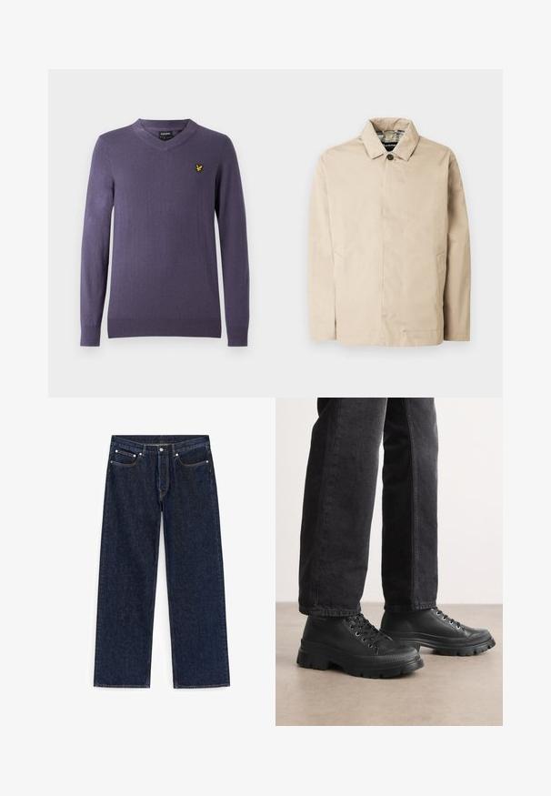 Veste légère beige avec un col, une fermeture avant à boutons, deux poches latérales et une doublure à motif à carreaux.; Pull violet à col en V en tissu doux. Il comprend des manches longues, des poignets et un ourlet côtelés, avec un petit logo jaune sur la poitrine gauche.; Jean en denim bleu foncé, coupe droite, avec fermeture par bouton, poches avant et arrière, et détails de coutures visibles.; Baskets noires à lacets avec une semelle épaisse et texturée et un dessus lisse. Comprend des œillets en métal et un accent nervuré autour de l'orteil.