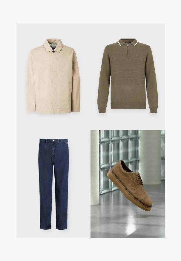 Veste légère beige avec un col, une fermeture avant à boutons, deux poches latérales et une doublure à motif à carreaux.; Pull en maille vert olive pour homme avec manches longues, fermeture éclair half-zip à l'avant, col bordé de blanc, et finitions côtelées aux poignets et à l'ourlet.; Jean droit en denim bleu foncé avec passants de ceinture, bouton devant et fermeture éclair, présenté sur un fond uni clair.; Chaussure décontractée marron en daim à lacets avec semelle en caoutchouc, montrée en suspension au-dessus d'un sol en béton poli près d'un mur en blocs de verre et d'une colonne.