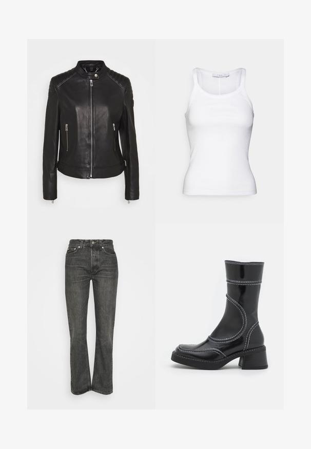 Belstaff MOLLISON JACKET - Lederjacke - black; Weißes Baumwolltanktop mit tailliertem Schnitt, gerippter Textur und schmalen Trägern. Nahtlose Kanten am Rundhalsausschnitt und Saum.; Schwarze hochtaillierte Jeans mit geradem Bein. Merkmale das klassische Fünf-Taschen-Design und silberne Hardware. Strukturierter Denim-Stoff.; Schwarze Lackleder-Ankle Boots mit weißen Nähten, abgerundeter Zehe und Blockabsatz. Besitzt geschwungene Designlinien und eine glatte Textur.