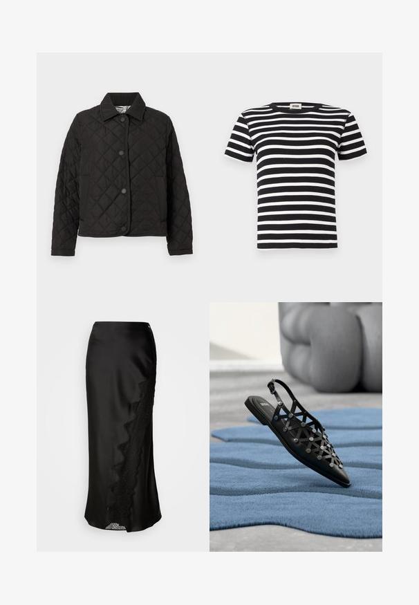 Schwarze gesteppte Jacke mit Kragen, mit Knopfleiste, seitlichen Taschen und einem strukturierten Diamantmuster. Glatter Stoffabschluss.; Schwarz-weißer gestreifter Kurzarm-T-Shirt, gerippte Textur, klassisches Rundhalsdesign, mit horizontalen Streifen in unterschiedlichen Breiten.; Schwarzer Satinrock mit strukturiertem Finish, Spitzenbesatz auf einer Seite und geradem Schnitt. Enthält einen dezenten Seitenschlitz und Verschluss.; Schwarzer spitzer Slingback-Flachschuh mit geometrischen Ausschnitten und silbernen Nieten auf einer blauen strukturierten Oberfläche vor einem verschwommenen grauen Hintergrund.