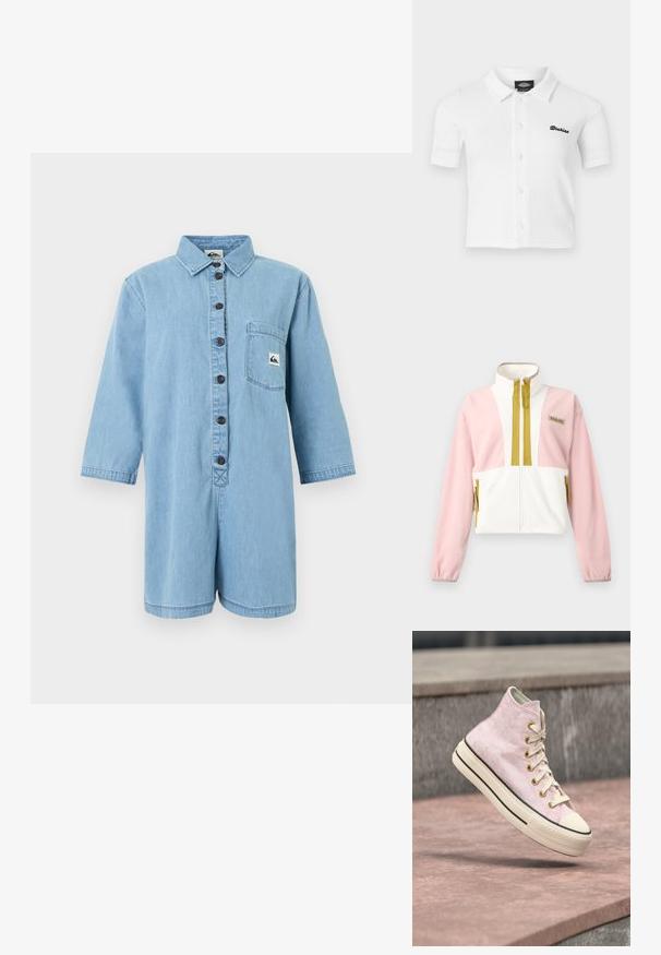 Veste en polaire pour femme avec fermeture éclair complète à l'avant, col montant, manches roses, torse blanc, et finitions de fermeture éclair et poches jaune moutarde.; Combinaison courte en denim bleu clair avec manches longues, fermeture à boutons sur le devant, col et poche poitrine avec écusson du logo de la marque.; Chemise blanche à manches courtes boutonnée avec col, tissu texturé et logo noir "Dickies" brodé sur le côté gauche de la poitrine.; Baskets montantes roses à lacets crème et semelle épaisse flottant au-dessus d'une marche en béton.