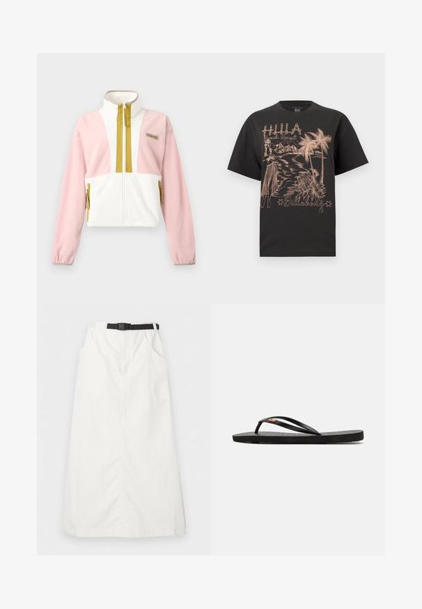Veste en polaire pour femme avec fermeture éclair complète à l'avant, col montant, manches roses, torse blanc, et finitions de fermeture éclair et poches jaune moutarde.; T-shirt noir avec un motif tropical comprenant une danseuse de hula, des palmiers, des montagnes, et les textes « Hula Beach Resort » et « Billabong ».; Jupe longue blanche avec taille élastique et ceinture noire réglable, dotée de poches latérales et d'une coupe droite.; Tongs noires avec semelle plate, présentant des fines brides et un matelas de pied texturé. Petit accent de logo sur la bride. Design simple et minimal.