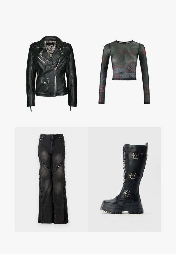 Sort læder bikerjakke med lynlåslommer, en quiltet leopardmønstret foring og sølvfarvede hardwaredetaljer. Klassisk asymmetrisk design.; Sort mesh cropped langærmet top med farverige rose mønstre og et centralt banner med teksten "LOVE HARD", glat tekstur.; Sorte denimjeans med en vid benudskæring, der har kædeaccentuer langs sidesømmene og en knap- og lynlåslukning i taljen.; Høj sort læder militærstøvle med kraftig sål, tre justerbare spænder og snørebånd foran på en ensfarvet baggrund.