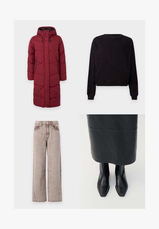 Abrigo largo de puffer burdeos con capucha, que presenta secciones acolchadas, dos bolsillos laterales con cremallera y cierres a presión en la parte inferior.; Sudadera negra con cuello redondo, mangas largas y un dobladillo recortado. Fabricada con un material suave de textura lisa y sin patrones visibles.; Pantalones de mezclilla de pierna ancha y cintura alta en marrón claro, con una sutil textura, diseño de cinco bolsillos y costuras visibles.; Botas altas de cuero negro con diseño de punta cuadrada y cremallera lateral. Textura suave y hardware minimalista; combinadas con una falda de cuero negro.