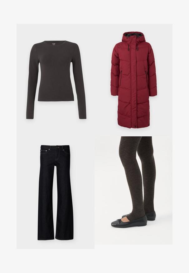 Abrigo largo de puffer burdeos con capucha, que presenta secciones acolchadas, dos bolsillos laterales con cremallera y cierres a presión en la parte inferior.; Top de manga larga hecho de algodón gris oscuro con cuello redondo, diseño ajustado y textura suave. Sin patrones ni acentos notables.; Vaqueros de pierna ancha en negro con bolsillos delanteros, cierre de botón y costuras visibles, presentados sobre un fondo blanco liso.; Piernas con leggings oscuros acanalados combinados con bailarinas negras que presentan pequeños detalles de lazo sobre un fondo blanco.