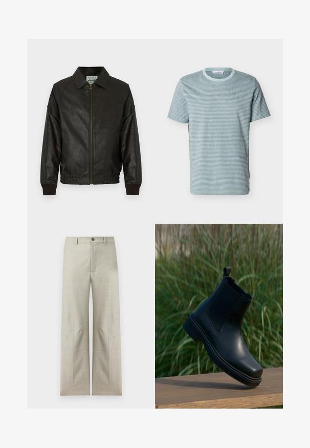 Donkerbruine leren jas met een ritssluiting aan de voorkant, geribde boorden en zoom, klassieke kraag en zijzakken, weergegeven op een witte achtergrond.; Korte mouw t-shirt met ronde hals en subtiel horizontaal streeppatroon in lichtblauwe en grijstinten.; Lichtbeige formele broek met rechte pijpen, knoop- en ritssluiting, riemlussen, weergegeven op een witte achtergrond.; Zwarte leren Chelsea-boot met elastische zijkanten, ronde neus, lage hak en een lussen achteraan, tegen een vage groene achtergrond.
