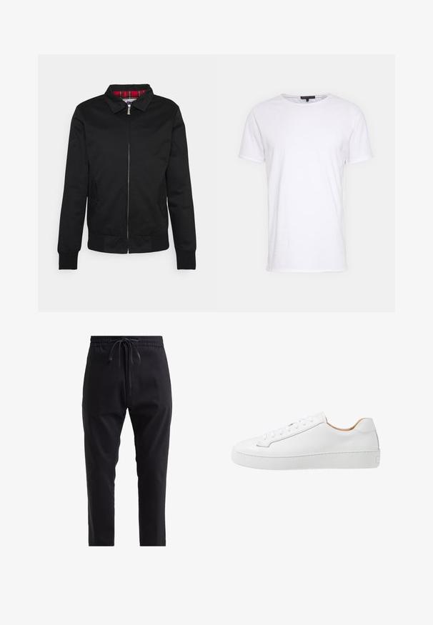 Chaqueta bomber negra con cremallera frontal, puños y dobladillo acanalados. Presenta un forro de cuadros rojos y dos bolsillos laterales. Textura suave, diseño minimalista.; Camiseta de algodón blanca con cuello redondo, mangas cortas y corte recto. Presenta una textura simple y suave sin patrones adicionales.; Pantalones de chándal negros confeccionados en tejido suave, con una cintura elástica y perneras ajustadas para un diseño ceñido. Sin patrones visibles ni elementos metálicos.; Zapatilla de cuero blanca con un acabado suave, punta redonda, diseño de cordones planos y suela de goma gruesa con un patrón de agarre texturizado.