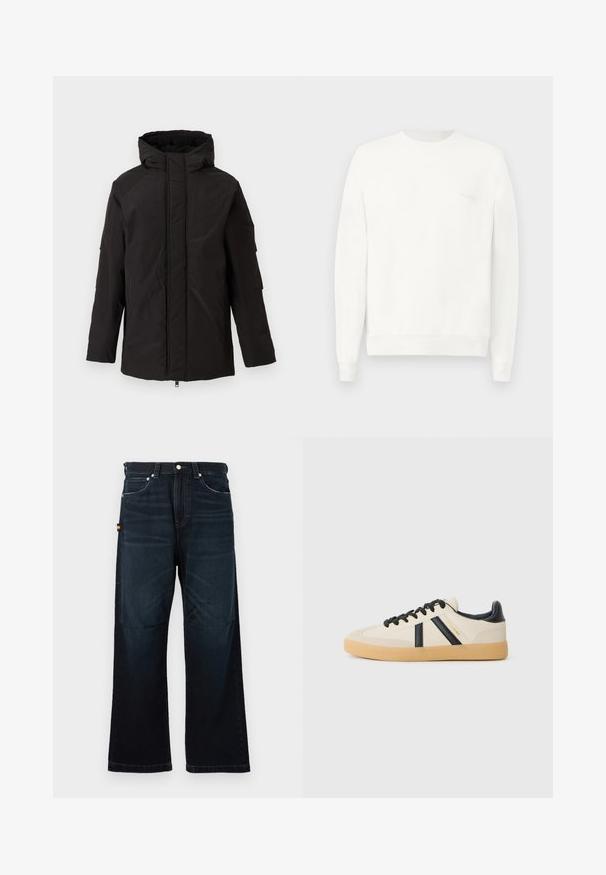 Chaqueta de invierno aislada negra con capucha, cremallera frontal cubierta por solapa y mangas largas, mostrada sobre un fondo liso y claro.; Sudadera blanca de cuello redondo hecha de una tela suave, con puños y dobladillo acanalados, y con un logo sutil impreso en el pecho en gris claro.; Vaqueros rectos de color azul oscuro con diseño clásico de cinco bolsillos, trabillas para el cinturón y sutiles detalles desgastados en la parte frontal y las rodillas.; Zapatillas casuales en crema con rayas negras, con parte superior texturizada y suela de goma. Los cordones son negros. Logo sutil en el costado.