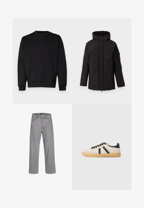 Sort isoleret vinterjakke med hætte, foran lynlås dækket af klap og lange ærmer, vist på ensartet lys baggrund.; Sort sweatshirt lavet af blødt stof, med rund halsudskæring, lange ærmer og ribkant ved ærmerne og nederst for en tætsiddende look.; Grå denimbukser med en afslappet, løs pasform. Har et traditionelt fem-lomme design og en knaplukning i taljen.; Casual sneakers i creme med sorte striber, med en tekstureret overdel og sål i gummigummi. Snørebåndene er sorte. Diskret logo på siden.