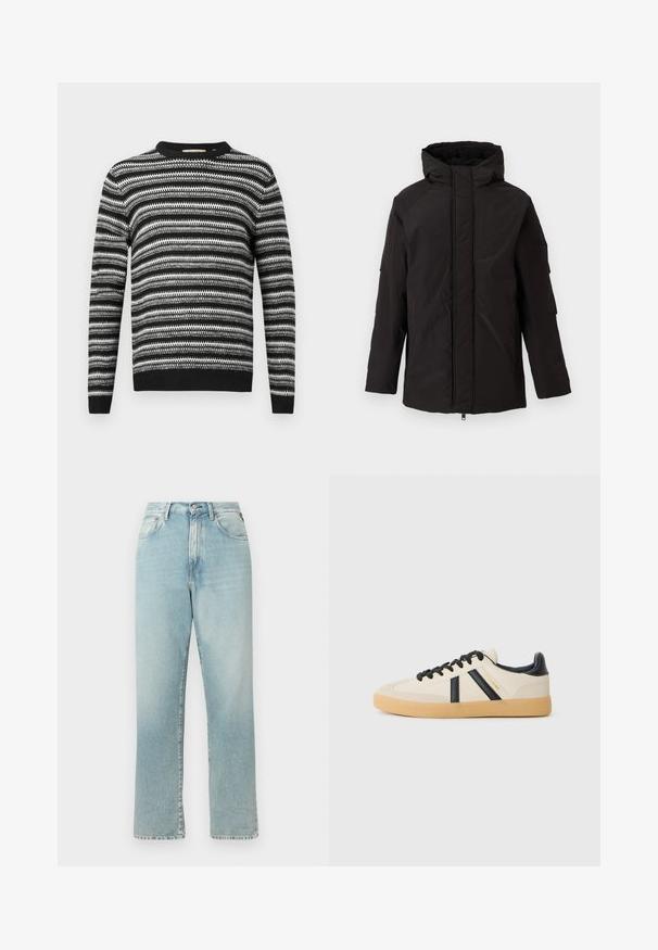 Veste d'hiver noire isolante avec capuche, fermeture éclair avant recouverte par un rabat et manches longues, présentée sur fond clair uni.; Pull rayé noir et blanc avec un col rond et des manches longues. Présente un motif texturé sur l'ensemble et des poignets et une taille côtelés.; Jean en denim bleu clair taille haute avec coupe droite. Il présente un design classique à cinq poches et une fermeture éclair avec bouton.; Baskets décontractées en crème avec des rayures noires, présentant un dessus texturé et une semelle en caoutchouc. Les lacets sont noirs. Logo discret sur le côté.