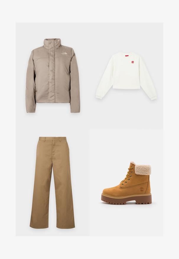 Puffermantel in einem hellen Beige mit hohem Kragen, gestepptem Design und Logo auf der oberen linken Brust. Glatte Textur und Reißverschluss vorne.; Weißes, kurz geschnittenes Sweatshirt mit langen Ärmeln, Rundhalsausschnitt und rotem Logo-Patch auf der linken Brust. Weicher Stoff und gerippte Bündchen.; Braune, weit geschnittene Hosen mit Gürtelschlaufen und einem vorderen Reißverschluss, vor weißem Hintergrund präsentiert.; Beige Wildlederstiefel mit einem Kunstfellkragen, goldenen Ösen und einer kontrastierenden Gummisohle. Mit einem Logo an der Seite und strukturiertem Profil.